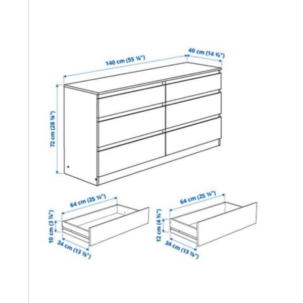 KULLEN Chest of 6 drawers, white, 140x72cm